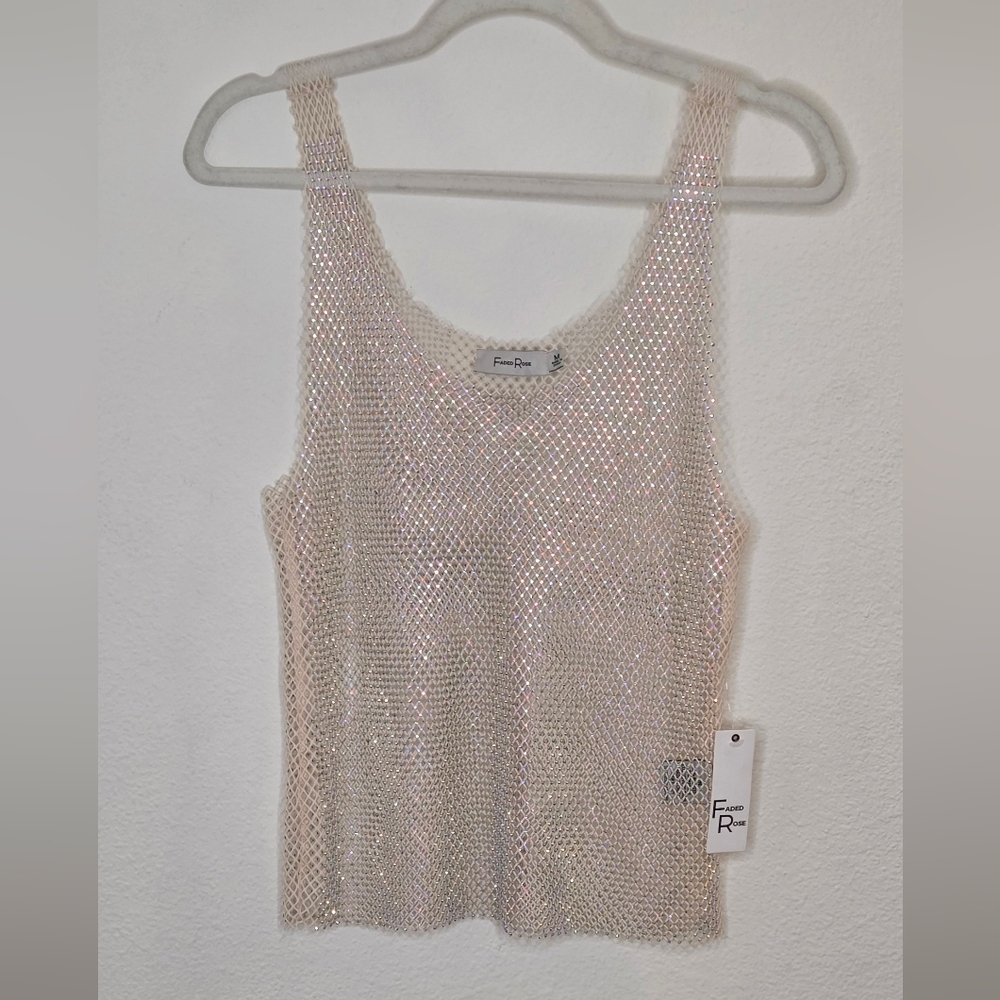 Faded Rose Mesh And Rhinestone Cream Tank Top - Size Medium - Picture 3 of 16